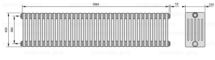 Схема (чертеж) Радиатор Zehnder Charleston 6045/34 №1270 Белый глянцевый RAL 9016